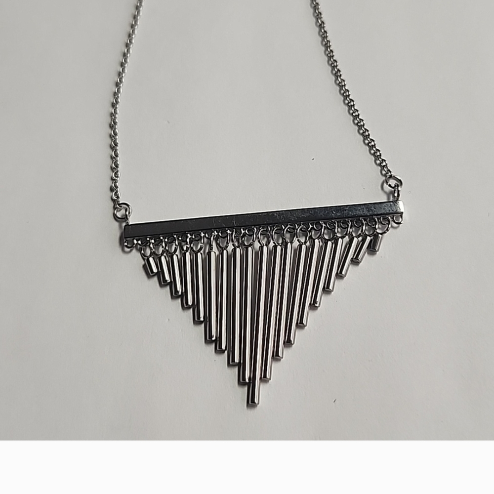 Silver Geometric Fringe Necklace with Matte Finish - Picture 3 of 3